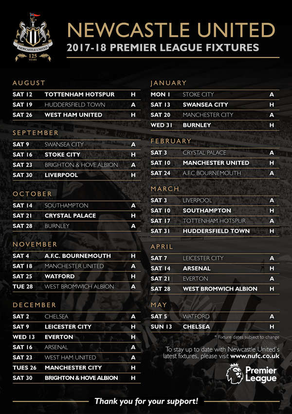 Newcastle United 2017/18 Premier League fixtures released