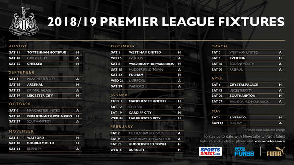 Newcastle United 2018 19 Premier League Fixtures Released